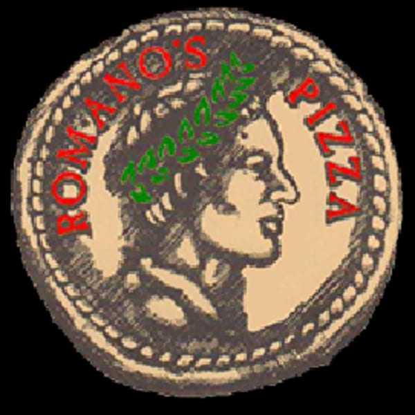 Romano's Pizza logo, a Roman coin with a man's profile and a laurel wreath.
