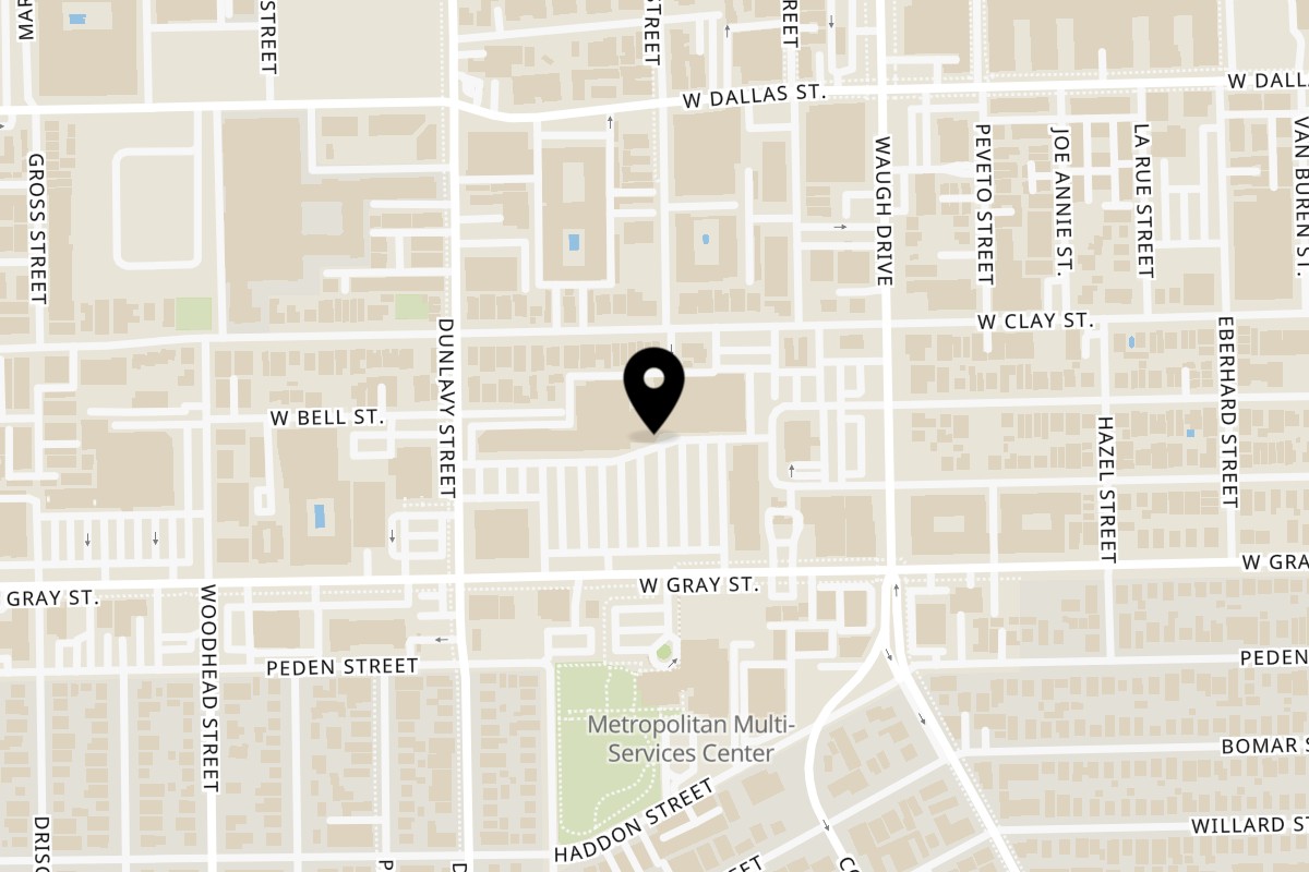 Map showing the location of Romano's Pizza on 1528 W Gray St in Houston